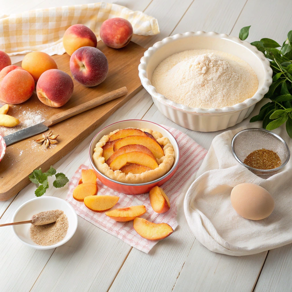 Ingrédients pour tarte aux pêches avec pêches fraîches, pâte, sucre et poudre d’amandes sur plan de travail