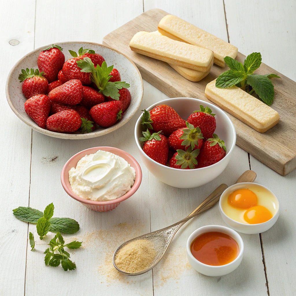 Ingrédients pour tiramisu aux fraises avec fraises fraîches, mascarpone, œufs, biscuits et sucre