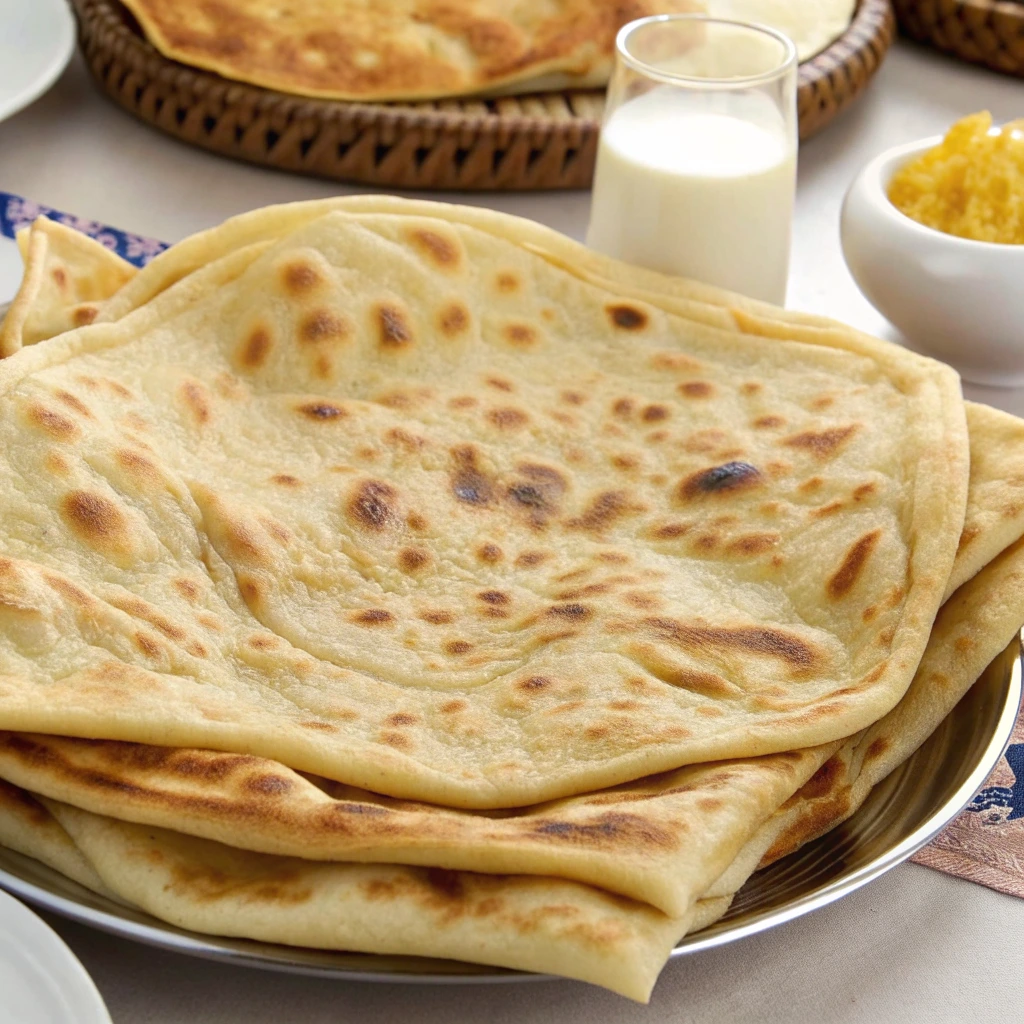 Msemen marocain traditionnel doré et feuilleté, servi chaud pour le petit déjeuner avec du lait et du beurre