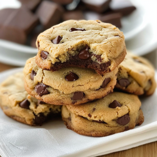Cookies moelleux aux pépites de chocolat empilés sur un linge blanc, texture fondante et gourmande.