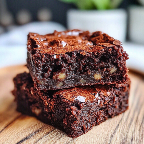 Brownie aux noix fondant et moelleux, texture dense au chocolat noir avec éclats de noix, présenté en parts carrées sur une planche en bois