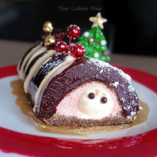 Bûche de Noël au chocolat maison décorée pour les fêtes, roulée moelleuse avec glaçage chocolat et décoration de Noël