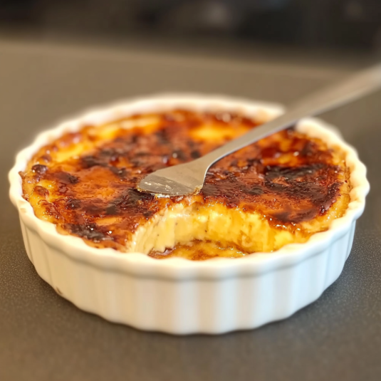 Crème brûlée maison à la vanille avec une fine couche de sucre caramélisé croustillant