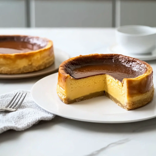 Flan pâtissier crémeux à la vanille avec pâte dorée, coupé en part sur une assiette blanche