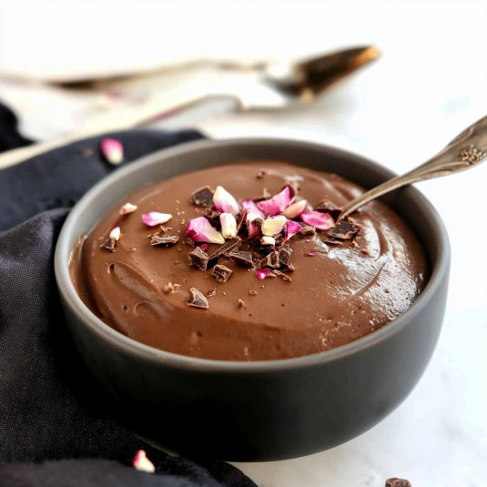 Mousse au chocolat traditionnelle maison servie en ramequin avec copeaux de chocolat