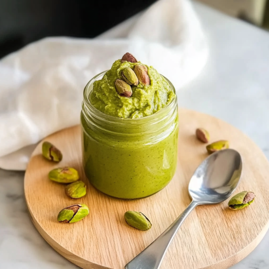 Pâte de pistache maison verte et lisse dans un bol