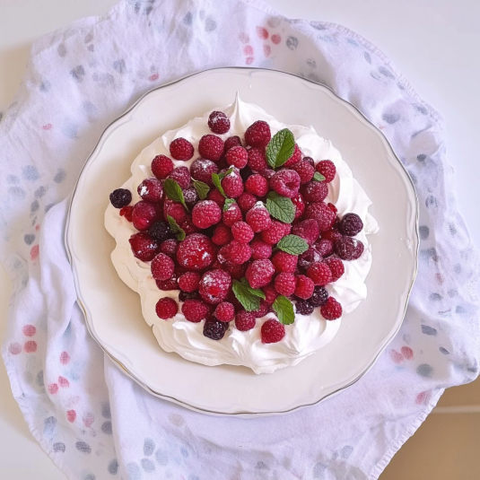Pavlova aux fruits rouges garnie de framboises, mûres et menthe sur une meringue croustillante