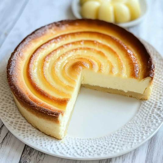 tarte au fromage blanc with a golden spiral top, lightly dusted with powdered sugar, cooling on a wire rack.
