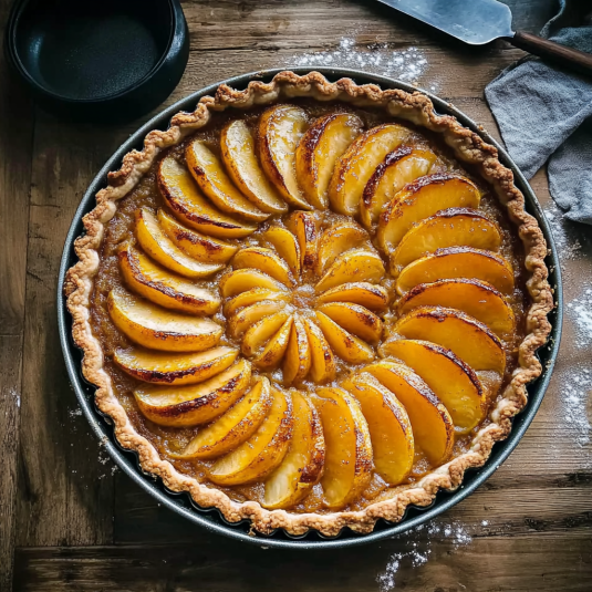 Tarte aux pêches maison dorée au four avec quartiers de pêches fraîches