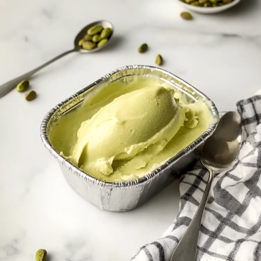 glace pistache authentique servies dans un bol blanc avec des pistaches entières