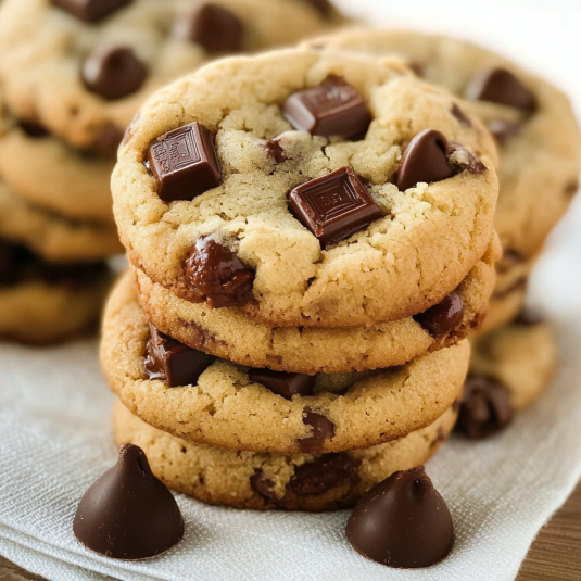 Cookies moelleux aux pépites de chocolat empilés sur un linge blanc
