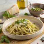 Linguine traditionnelles italiennes au pesto vert, garnies de basilic frais et de parmesan râpé, servies dans une assiette rustique
