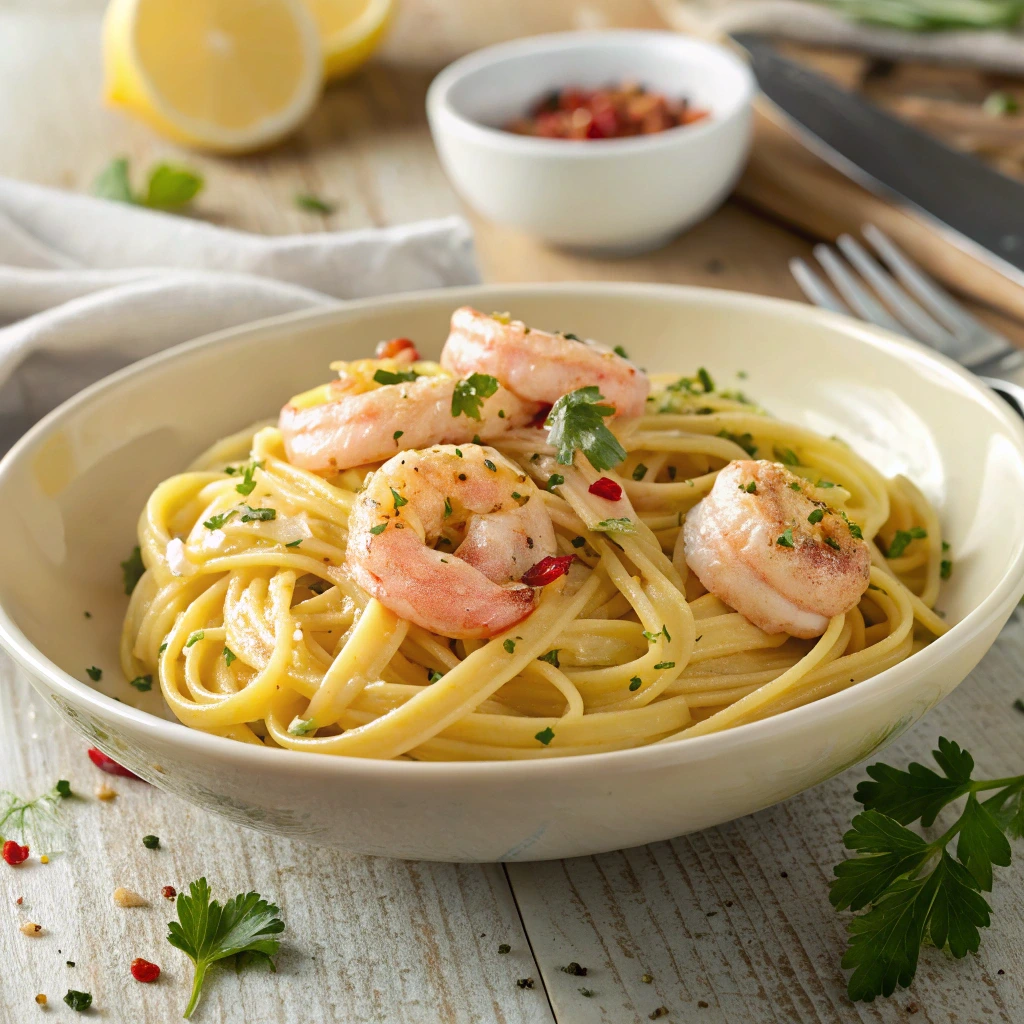 Linguine aux crevettes crémeuses servies dans une assiette blanche, avec sauce à l’ail, citron