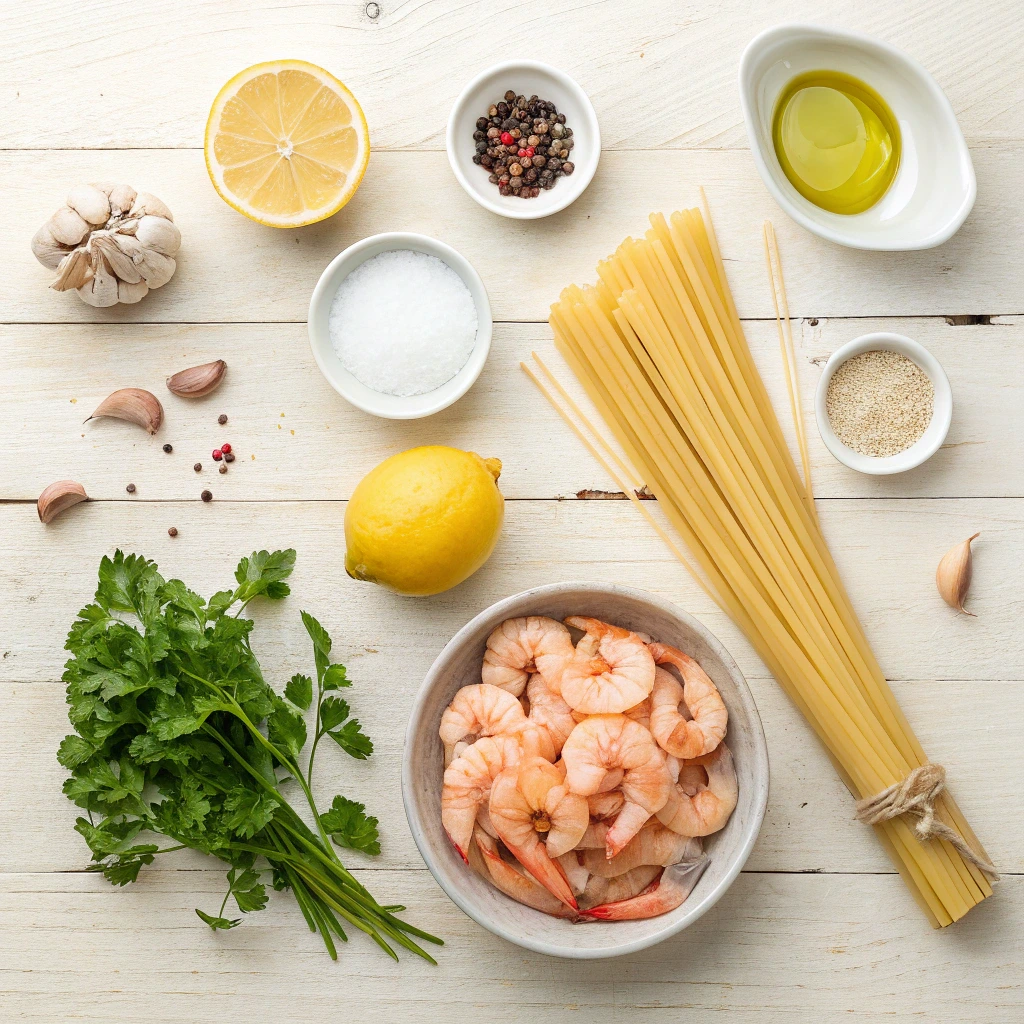 Ingrédients des linguine aux crevettes disposés à plat : pâtes linguine, crevettes crues, citron, ail, persil, huile d’olive, sel et poivre.