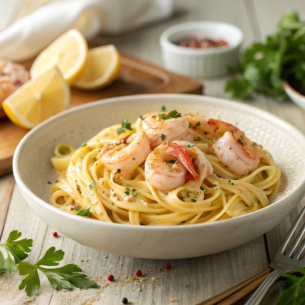 Linguine aux crevettes crémeuses servies dans une assiette blanche, avec sauce à l’ail, citron, persil frais et crevettes dorées.