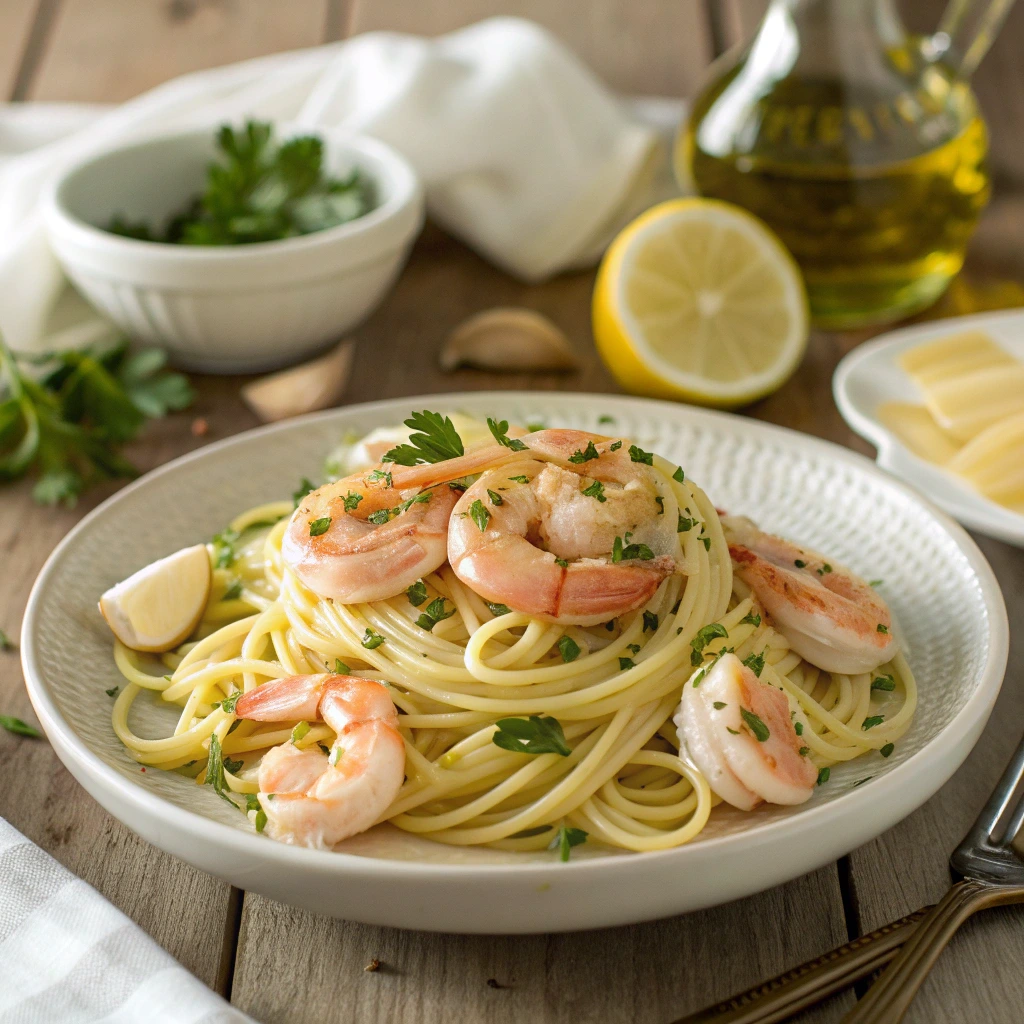 Linguine aux gambas nappées d’une sauce légère au beurre et citron, garnies de persil frais et servies dans une assiette blanche.