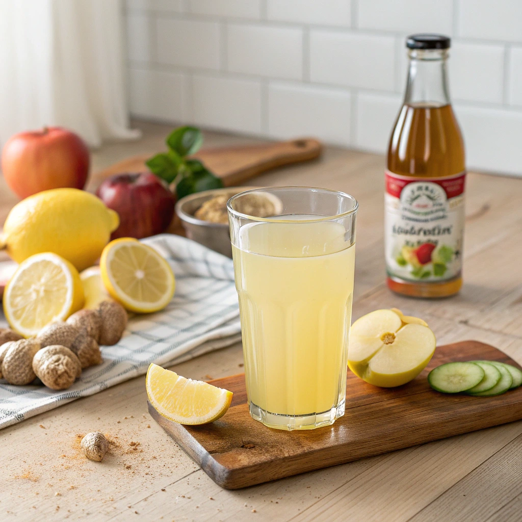 Boisson Mounjaro naturel pour maigrir avec citron gingembre et vinaigre de cidre sur table en bois