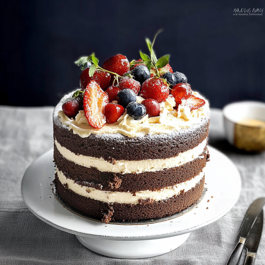 Naked cake au chocolat à étages, garni de crème vanillée et de fruits rouges frais