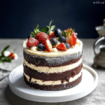 Naked cake au chocolat à étages, garni de crème vanillée et de fruits rouges frais, présenté sur un plat blanc