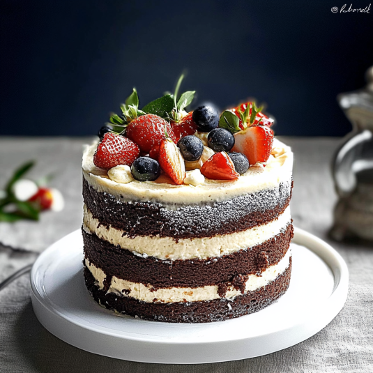 Naked cake au chocolat à étages, garni de crème vanillée et de fruits rouges frais, présenté sur un plat blanc