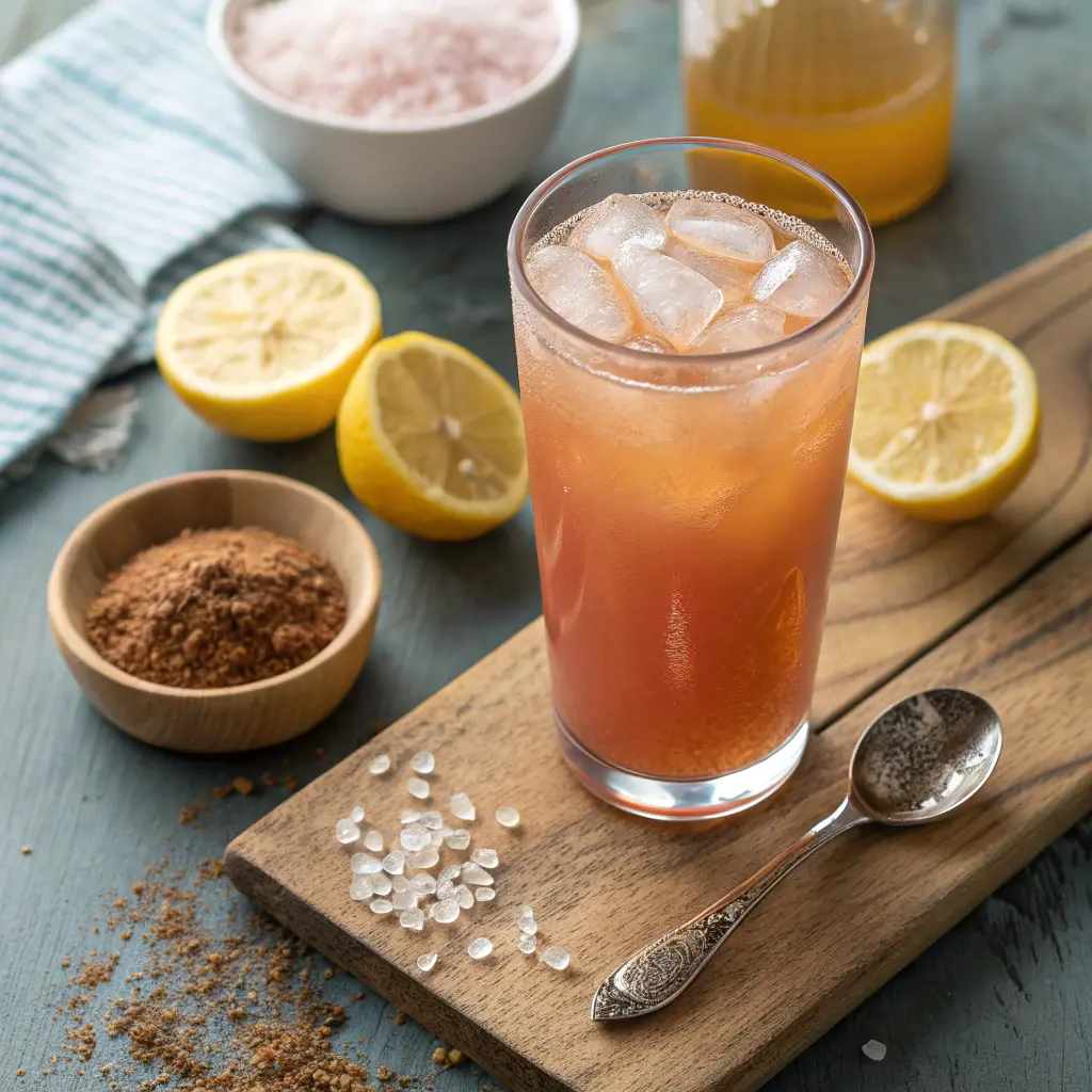 sel rose pour maigrir avec eau tiède et citron, préparée avec une cuillère en bois
