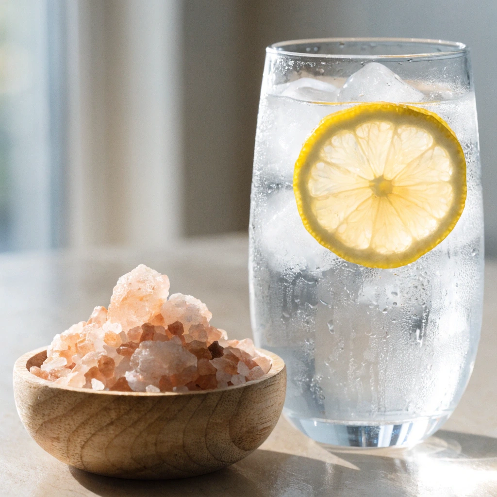 Cristaux de sel rose de l'Himalaya dans un bol en bois avec verre d'eau citronnée pour perte de poids