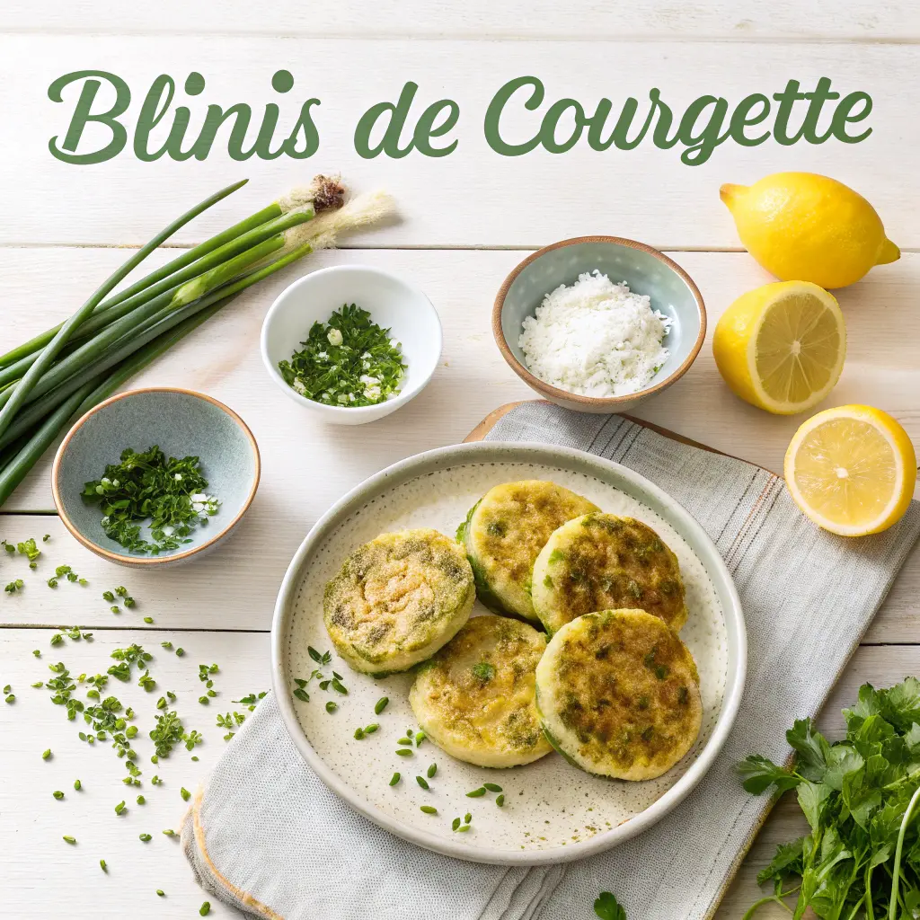 Blinis de courgette maison dorés servis dans une assiette avec citron, herbes fraîches et ingrédients visibles autour