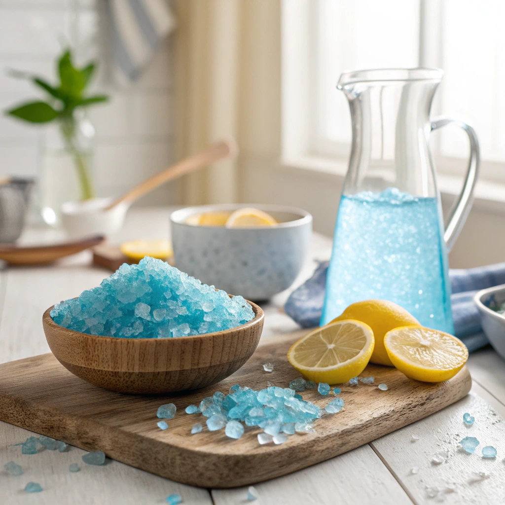 Sel bleu pour maigrir dans un bol avec eau citronnée, utilisé pour la rétention d’eau et l’équilibre minéral