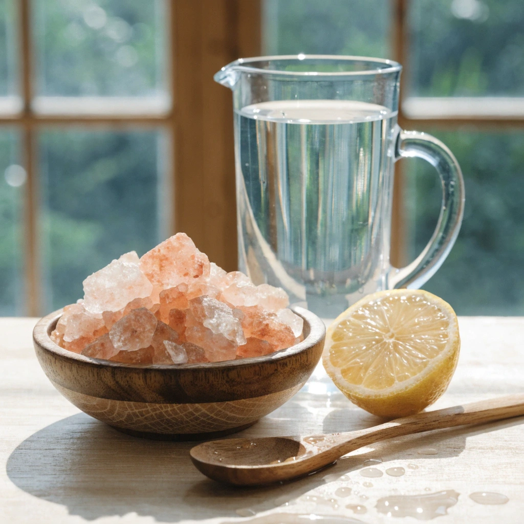 sel rose de l'Himalaya dans un bol en bois avec verre d'eau citronnée pour perte de poids
