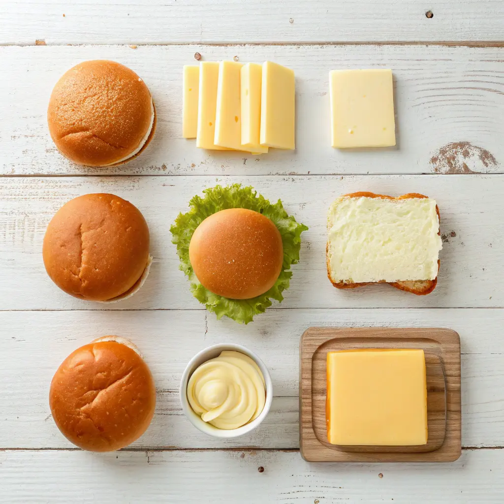 Ingrédients du Croque McDo maison copycat avec pains burger, fromage et beurre