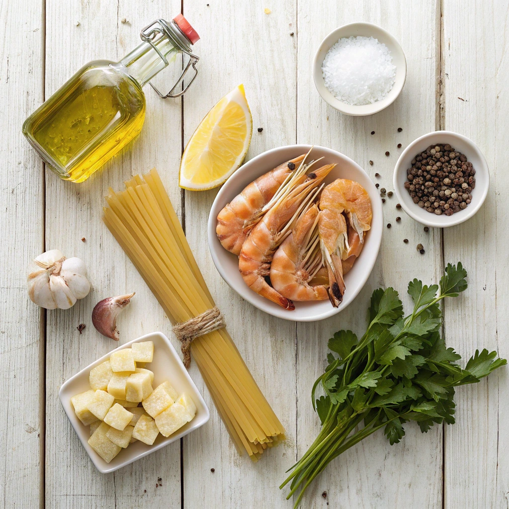 Ingrédients des linguine aux gambas disposés sur une table : gambas crues, linguine sèches, citron, ail, persil, beurre et huile d’olive.