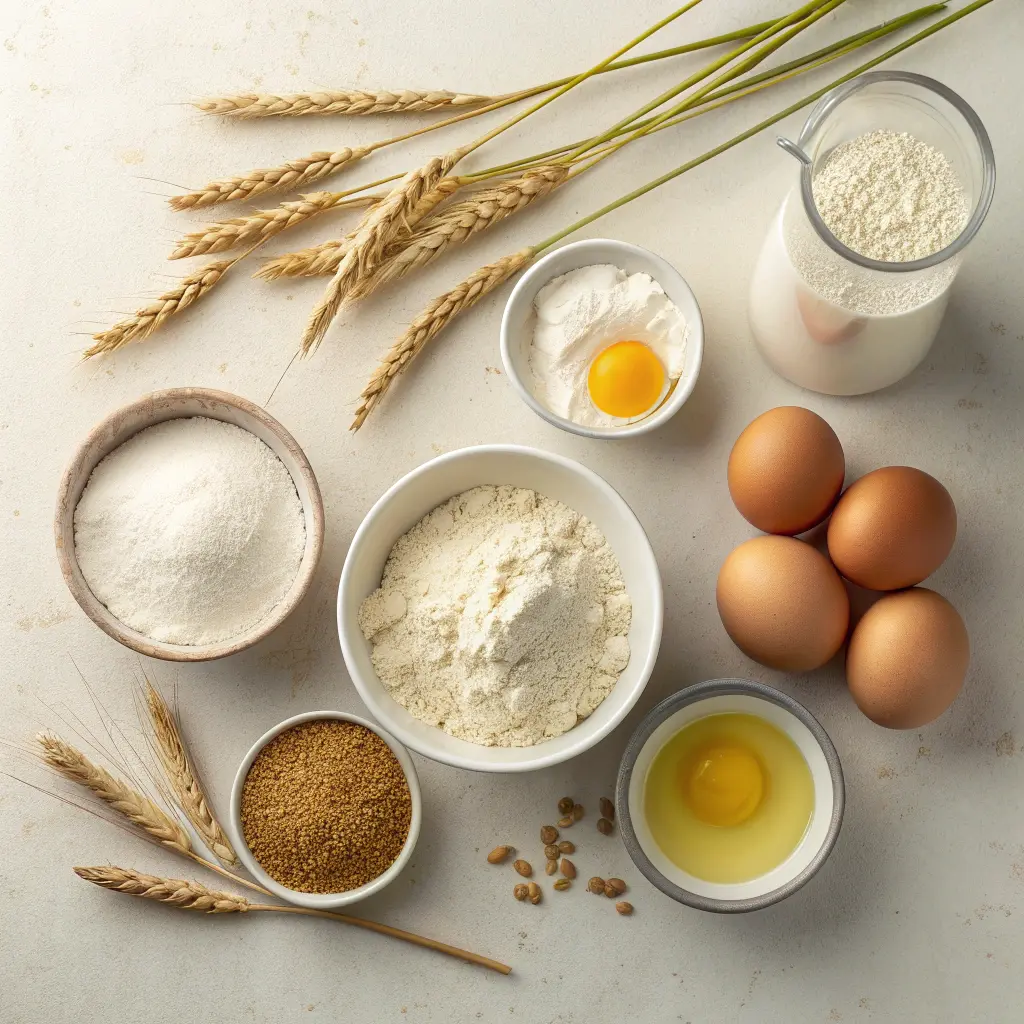 Ingrédients pour blinis maison avec farine de blé, œufs, lait, levure et grains de céréales disposés sur un fond clair