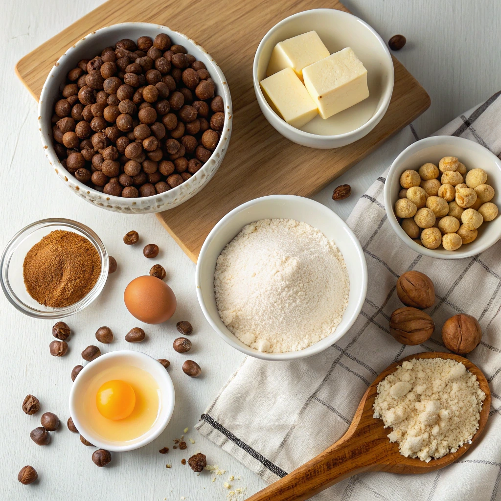 Ingrédients pour cookies chocolat noisette avec beurre sucre farine œuf noisettes et chocolat