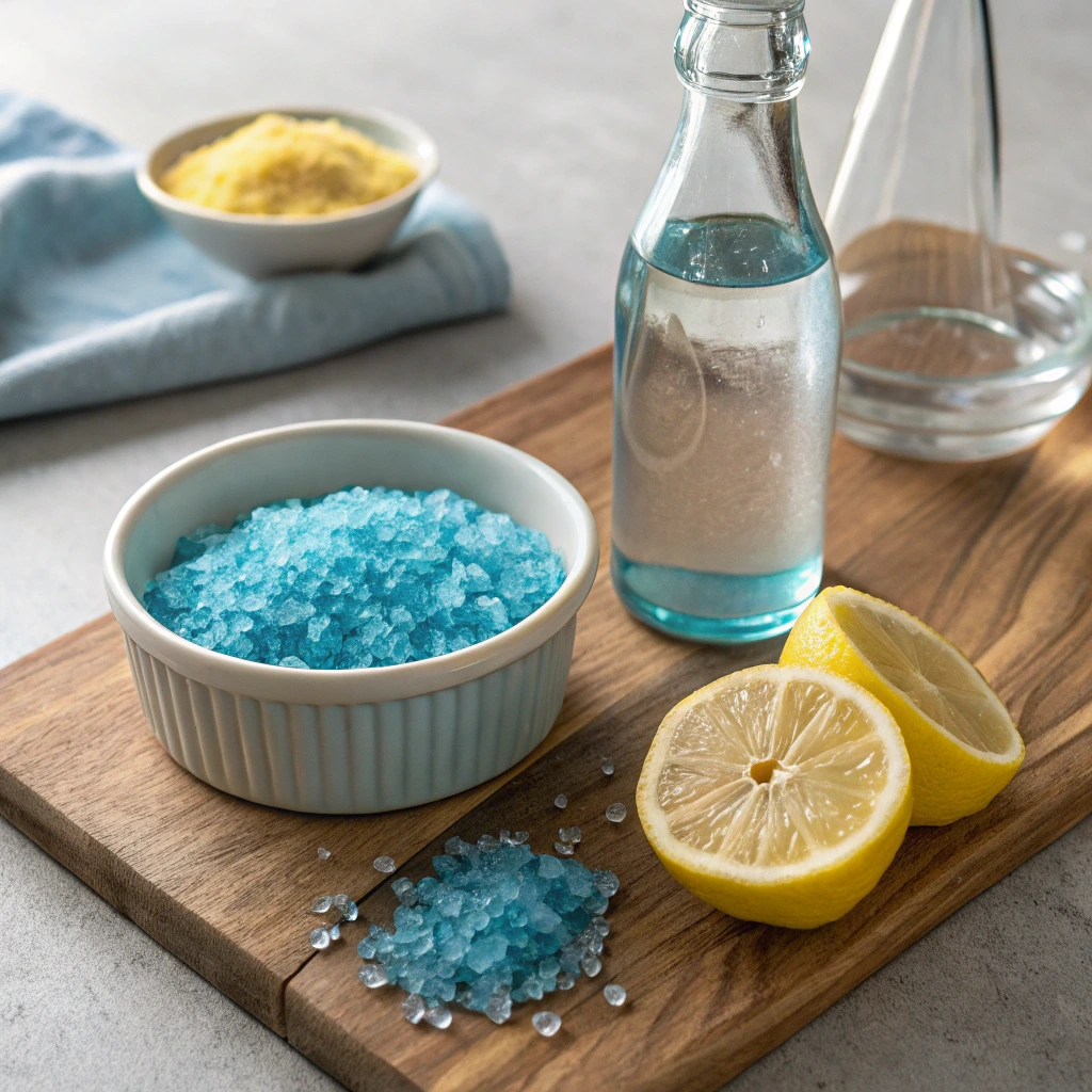 Ingrédients pour sel bleu pour maigrir avec cristaux de sel bleu eau et citron frais