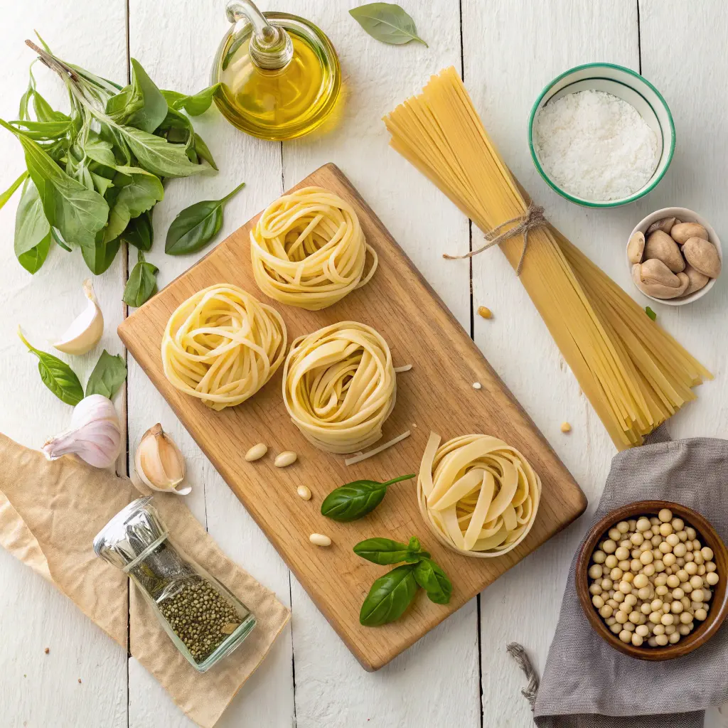 Ingrédients des linguine traditionnelles italiennes avec basilic frais, ail, pignons de pin, huile d’olive et pâtes linguine disposés sur une table en bois