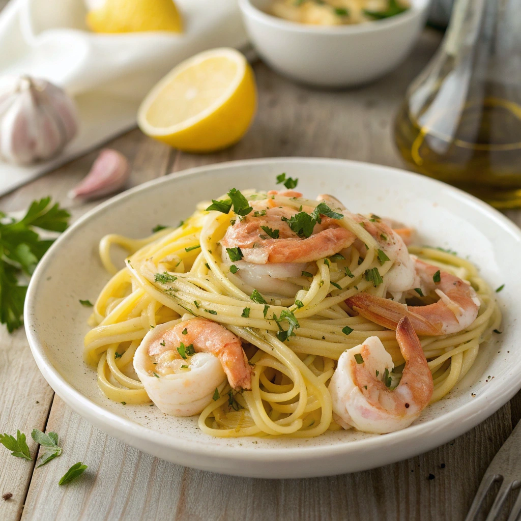 Linguine aux gambas nappées d’une sauce légère au beurre et citron,