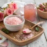 Recette sel rose pour maigrir avec eau tiède et citron, préparée avec une cuillère en bois
