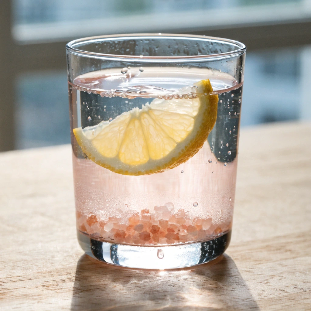 Verre d’eau avec sel rose de l'Himalaya dissous et tranche de citron pour hydratation et perte de poids