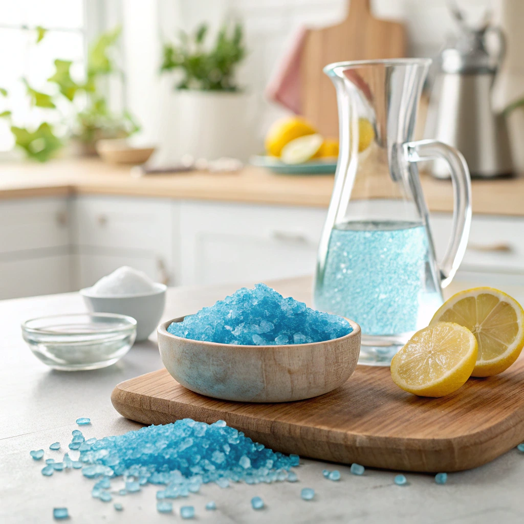 Sel bleu de Perse dans un bol avec eau citronnée, utilisé pour la rétention d’eau