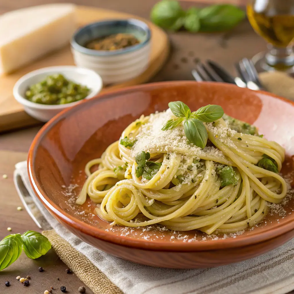 Linguine traditionnelles italiennes au pesto vert, garnies de basilic frais et de parmesan râpé