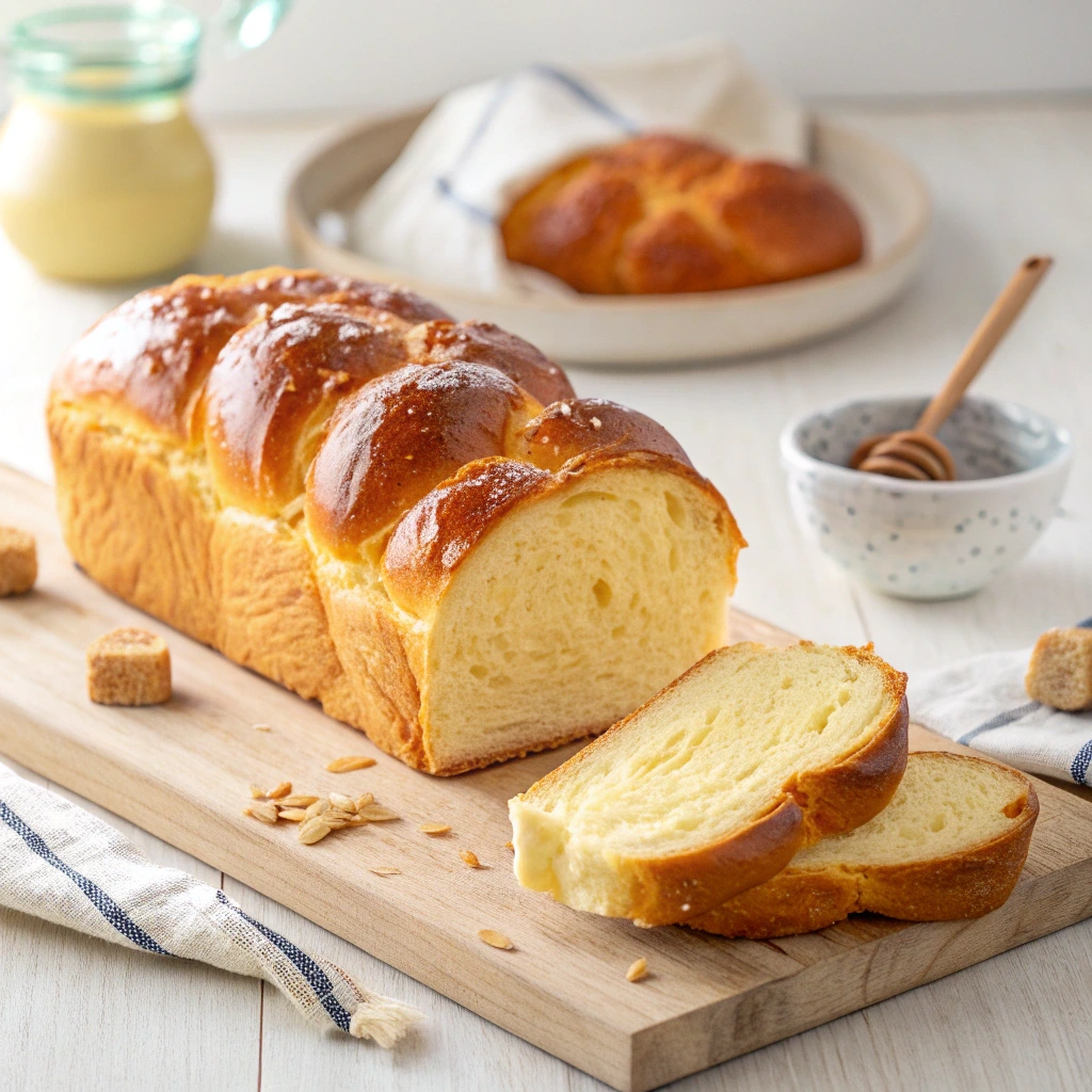 Brioche boulanger maison dorée avec mie filante et texture moelleuse