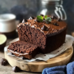 Tranche de cake chocolat noisettes moelleux avec glaçage au chocolat et éclats de noisettes sur planche en bois