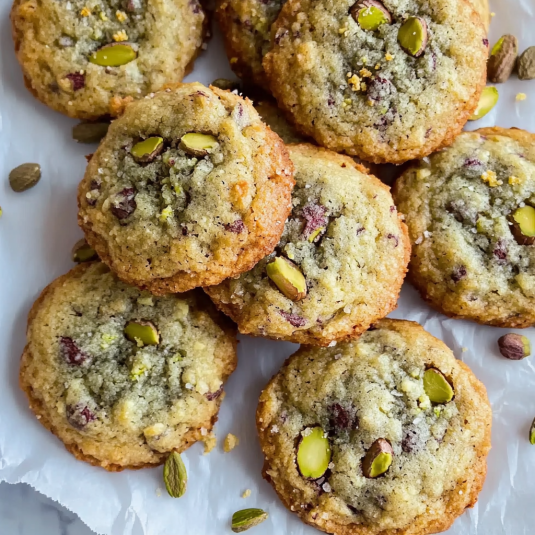 Cookies pistache moelleux avec bords dorés et éclats de pistaches sur papier cuisson