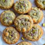 Cookies pistache moelleux aux bords dorés avec éclats de pistaches torréfiées sur papier cuisson