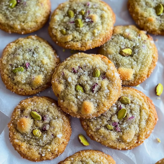 Cookies pistache moelleux aux bords dorés avec éclats de pistaches torréfiées sur papier cuisson