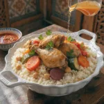 Couscous au poulet traditionnel avec légumes et pois chiches, servi avec bouillon chaud versé sur la semoule