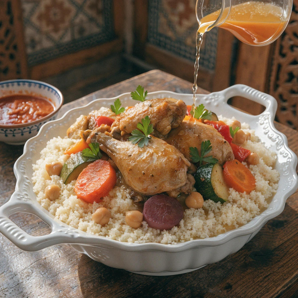 Couscous au poulet traditionnel avec légumes et pois chiches, servi avec bouillon chaud versé sur la semoule