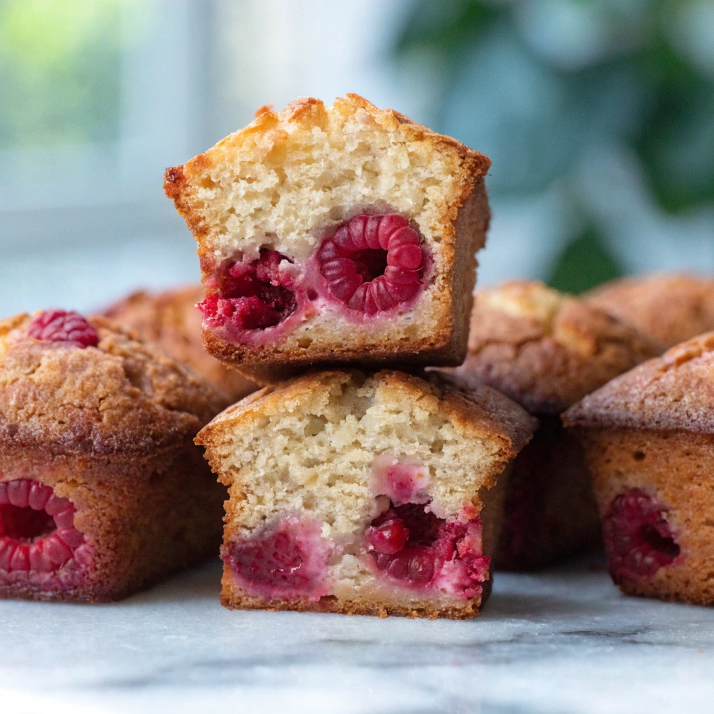 Financier framboise moelleux coupé en deux, montrant une texture tendre à l’amande et des framboises juteuses à l’intérieur, doré au beurre noisette.