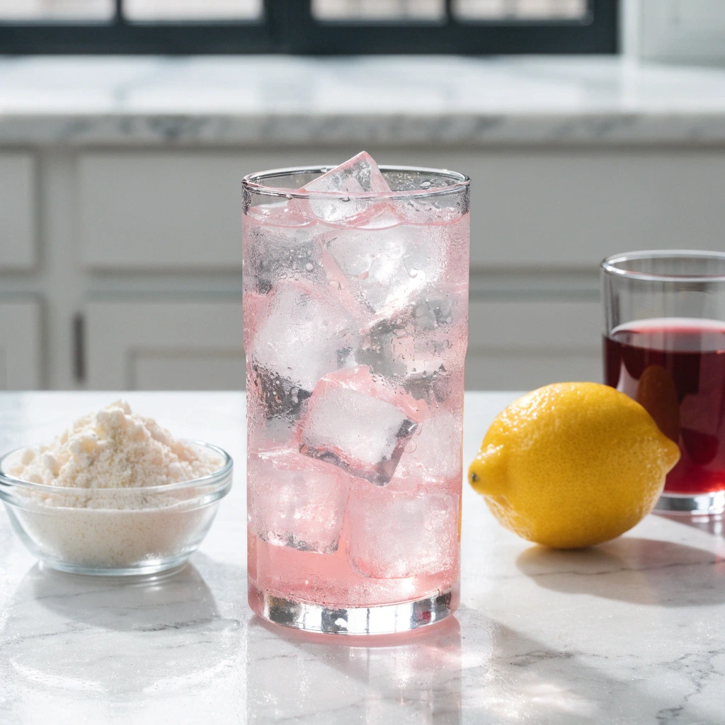 Verre de boisson gélatine rose avec glaçons, citron, jus de canneberge et poudre de gélatine non sucrée sur un plan de travail