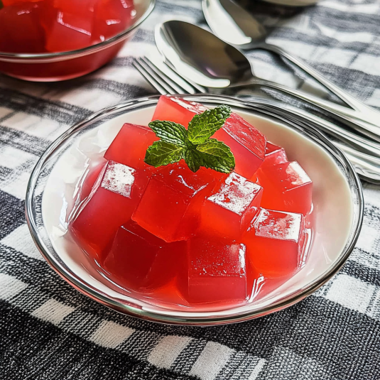 Recette de Jell-O pour perdre du poids en cubes rouges avec menthe fraîche dans un bol en verre